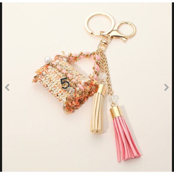 Pink Pearl Tweed Handbag Tassel Bag Charm / Keychain - Picture 2 of 3